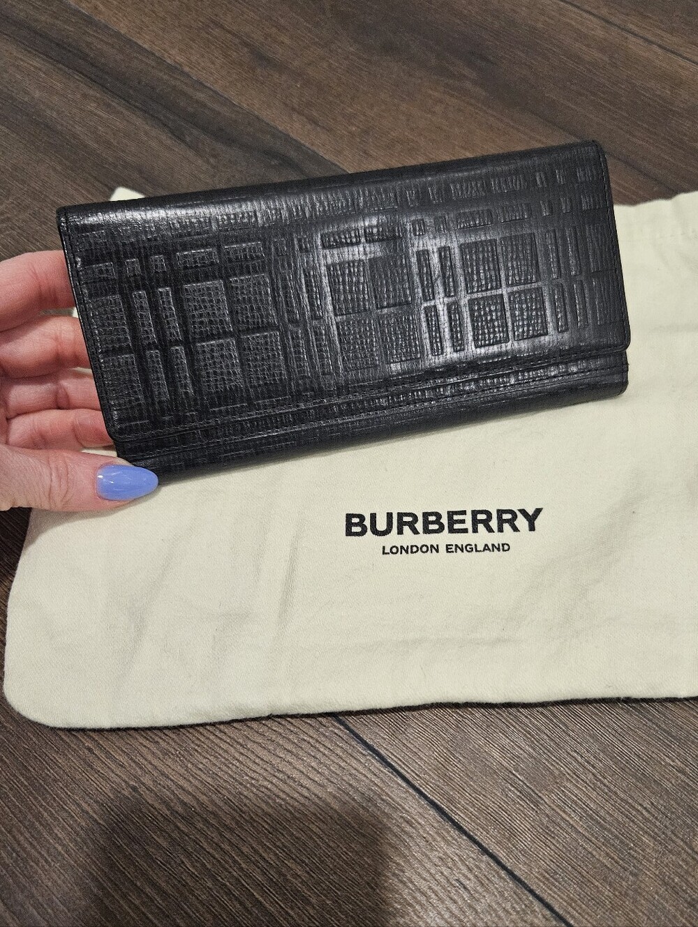 Burberry Slim Black Embossed Nova Check Leather Tri-Fold Wallet + Dustbag
